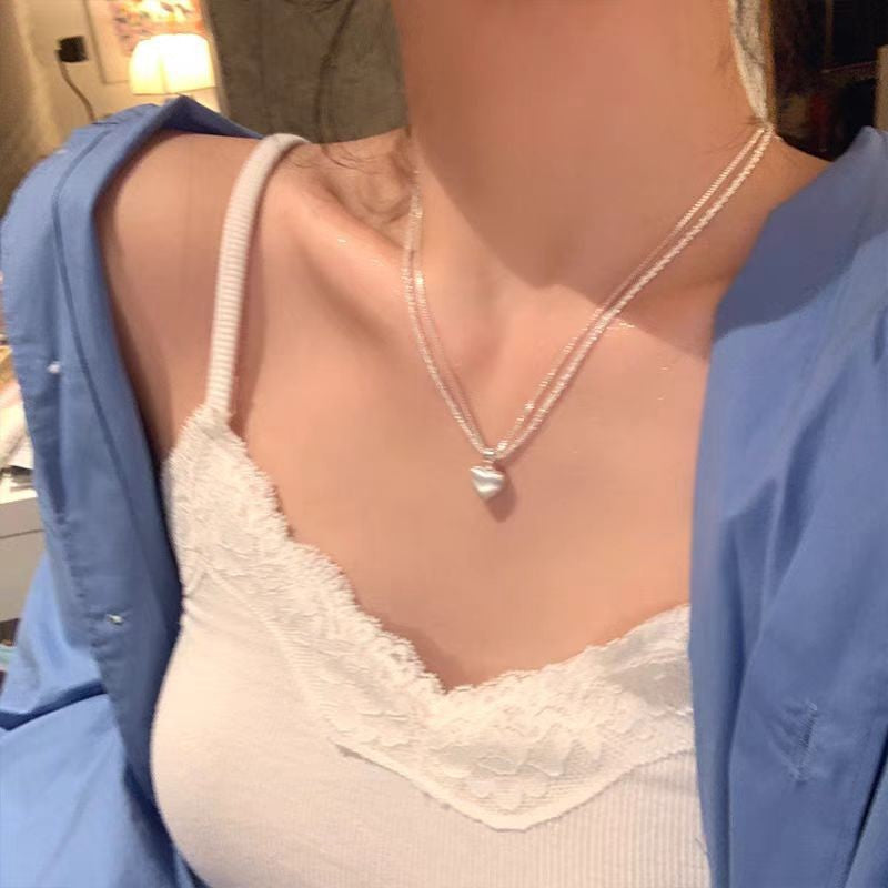 Wholesale Double layer brushed heart necklace clavicle chain